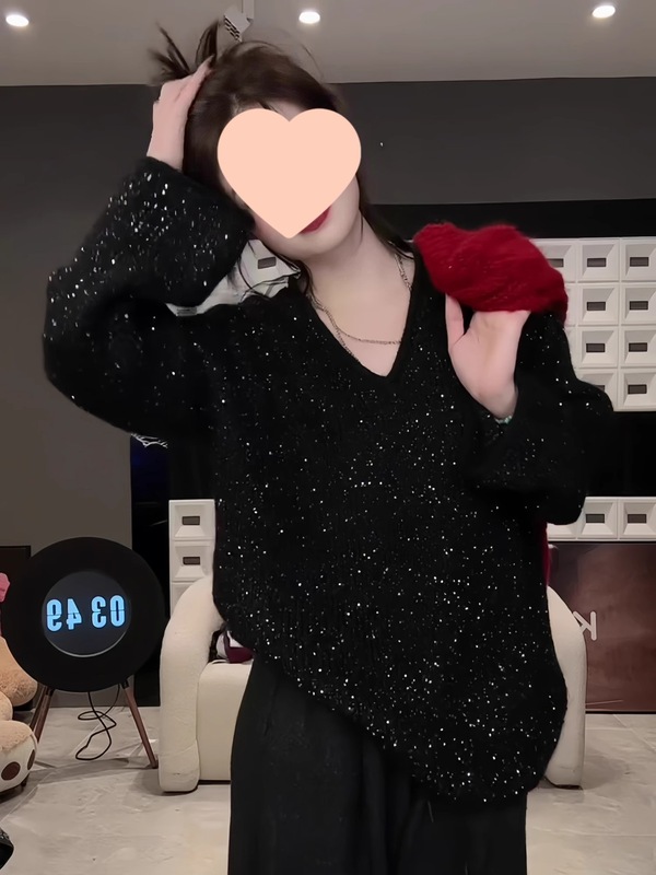 2025新款设计感秋装上衣重工细闪亮片毛衣女宽松外搭女装针织衫|undefined