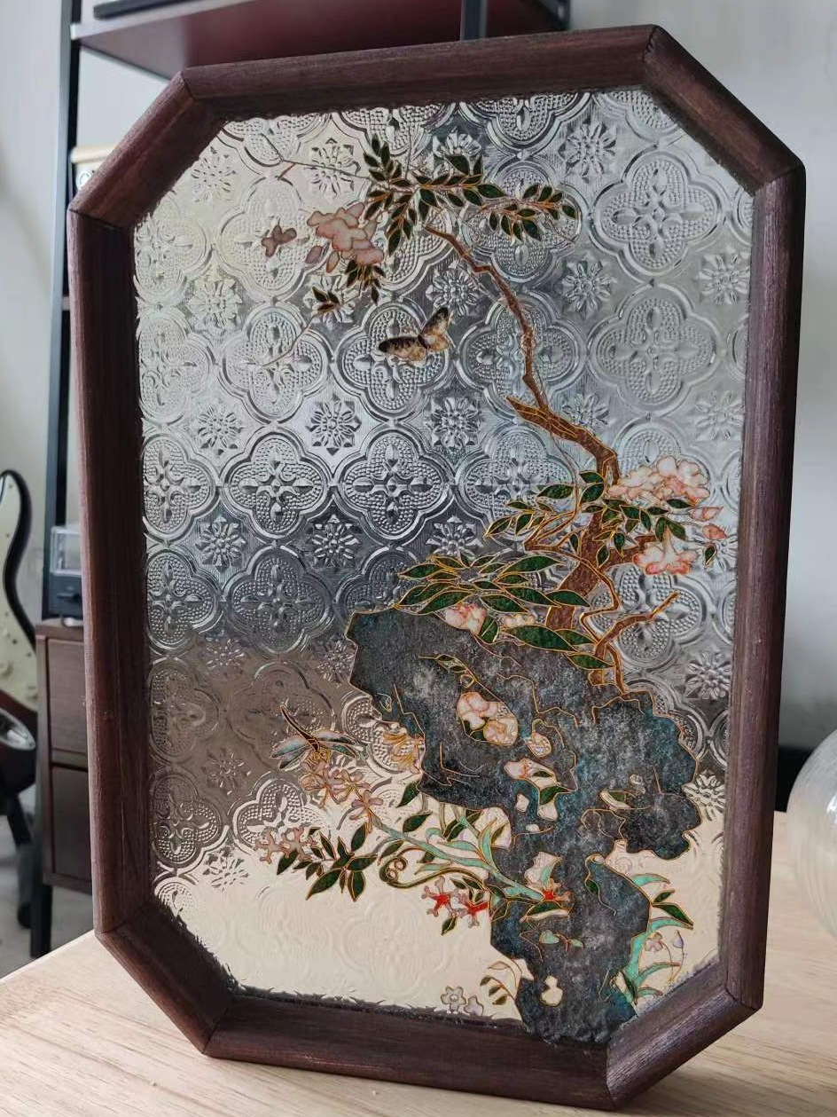 CLOISONNE ENAMEL DIY 트레이 베고니아 양각 유리 복고풍 직사각형 나무 차 트레이 보관 장식품 인세 트레이