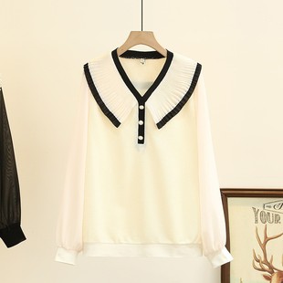 Spring large size women's new 200kg fat MM fashion temperament lace doll collar sweater casual top 7711