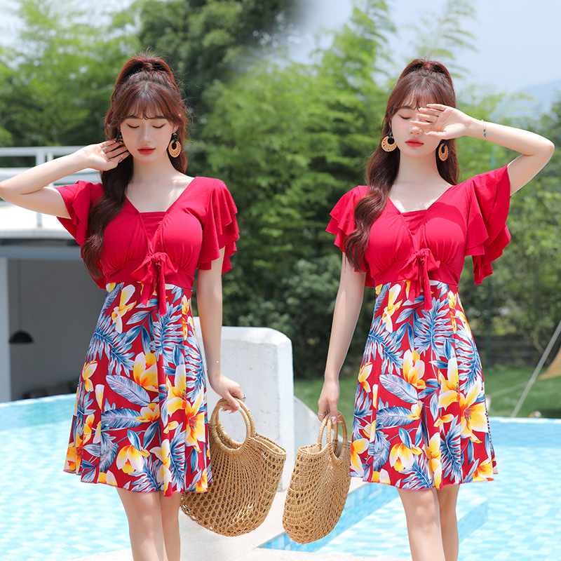 Traje de baño de una pieza más tamaño floral falda vientre cubriendo adelgazamiento conservador caliente primavera playa vacaciones traje de baño