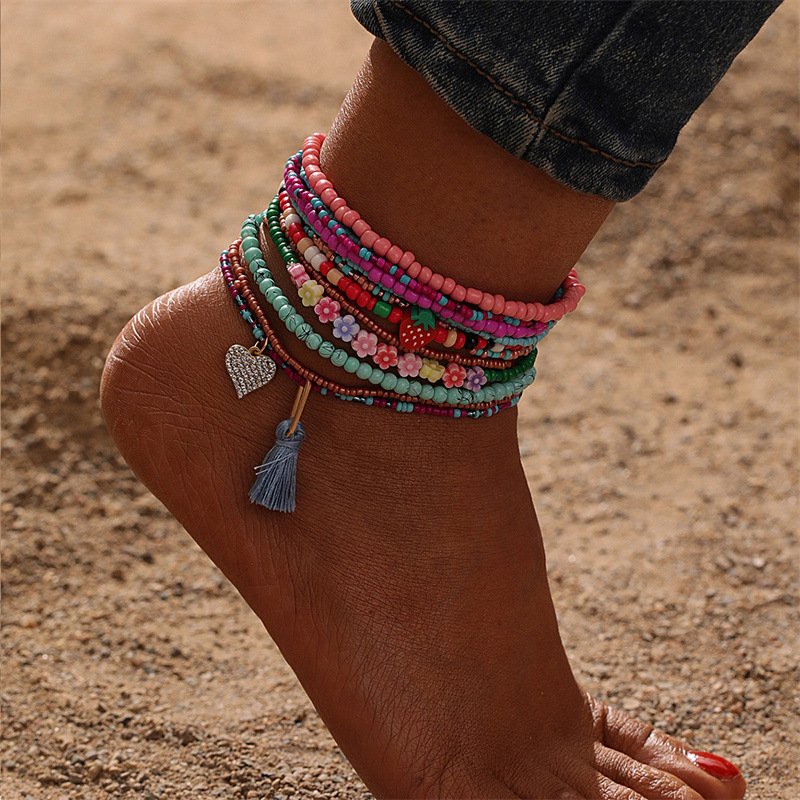 2024 beach style anklet set hand-woven beaded anklet strawberry love tassel pendant anklet
