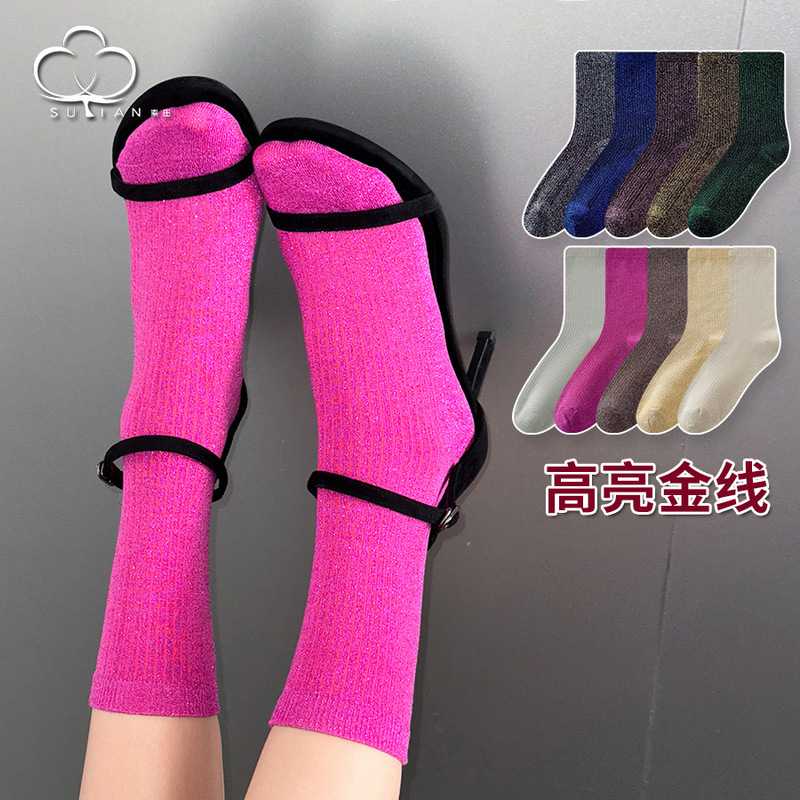 Rose Red Socks Women's Mid-length Socks Ins Trendy Women's Socks Gold and Silver Silk Trendy Sexy Girls Glittering Stockings Rose Red Socks Women's Mid-length Socks Ins Trendy Women's Socks Gold and Silver Silk Trendy Sexy Girls Glittering Stockings
