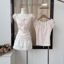 famouswang2025年夏季新款气质樱花少女亚麻粉色收腰方领衬衫短袖