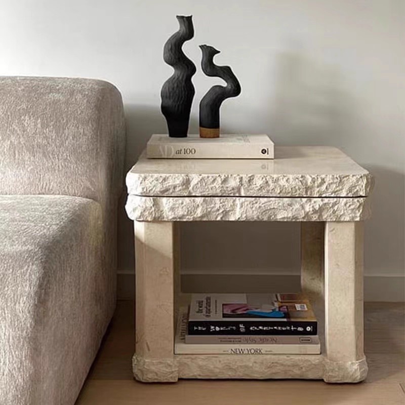 Wabi-Sabi Style Natural Travertine Sofa Side Table Double-Layer Bedside Table B&B Square Living Room Balcony Small Coffee Table