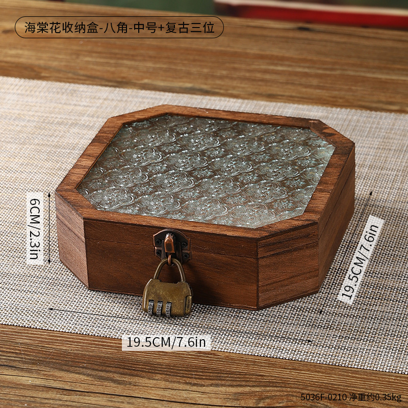 古典海棠玻璃木质储物盒珠宝首饰伴手礼包装盒防尘翻盖桌面收纳盒|undefined