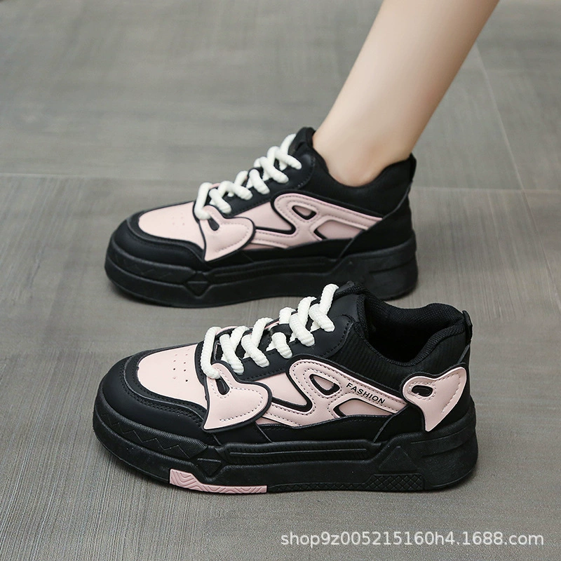 Черно-розовые женские туфли, увеличивающие рост, весенне-осенние оригинальные высокие кроссовки, кроссовки на толстой подошве, женские нишевые универсальные маленькие черные туфли.