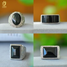 铜镶嵌和田玉青玉蛋面戒指黑青色玉石玉器时尚男戒戒圈直播货源