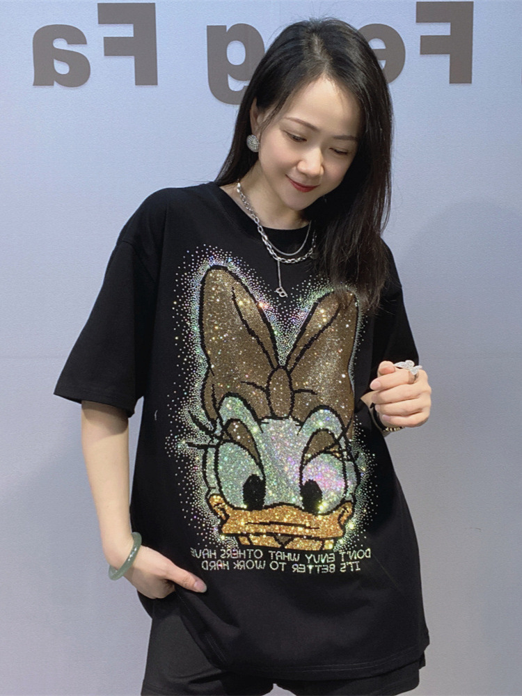 Camiseta de mangas cortas de gran tamaño de ropa de mujer americana de verano de diamante pesado caliente de cuello redondo de media manga de algodón
