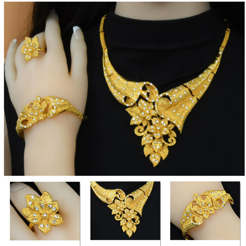 정통 핫 스타일 샌드 골드 플라워 웨딩 목걸이 여성 세트 웨딩 신부 지르콘 골드 컬러 시뮬레이션 민족 스타일