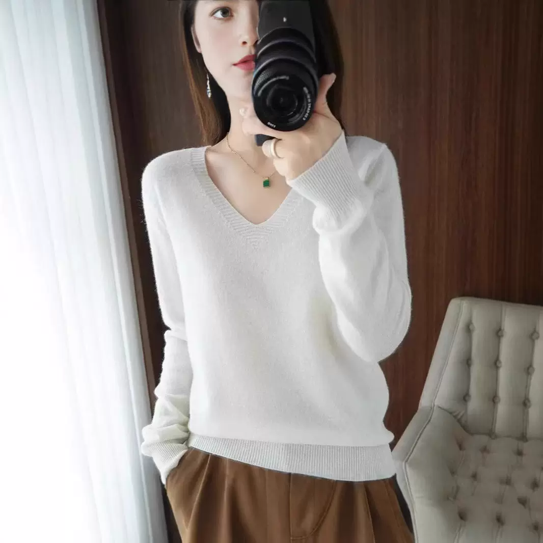 春秋新款鸡心领内搭女式针织衫套头毛衣女V领打底现货支持一件代