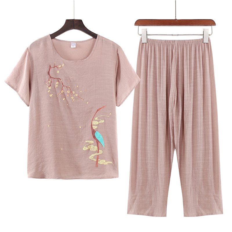 Middle-Aged and Elderly Women's Summer Pure Cotton and Linen Short-Sleeved Two-Piece Suit Summer Grandma and Mother's Pajamas Tops and Pants Home Clothes