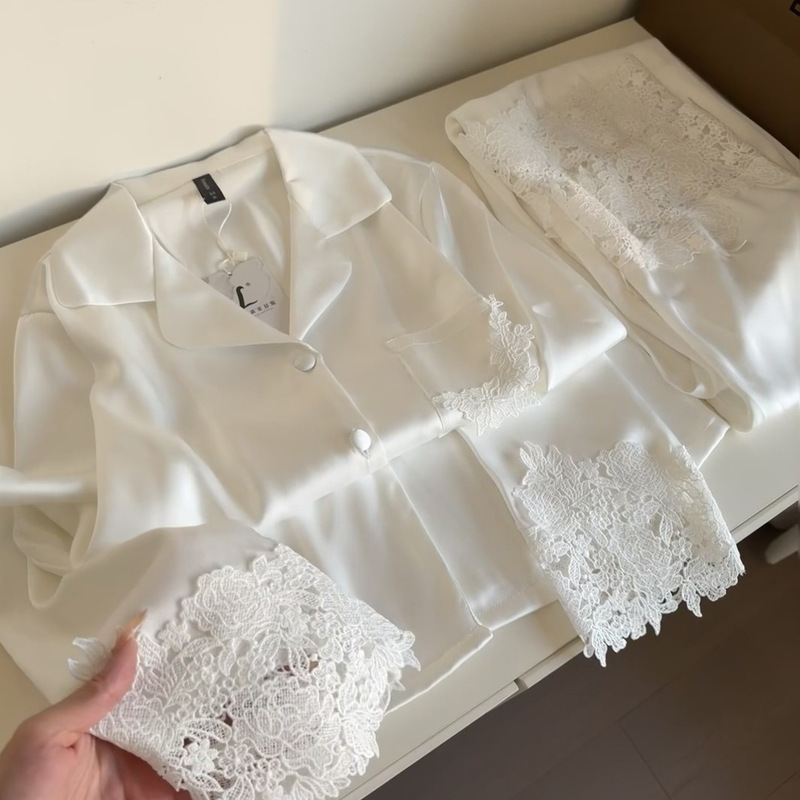 White Light Graceful Little Red Book Luxury High Set French Spring Long Sleeve Ice Silk Elegant Lace Home Clothes Satin suit