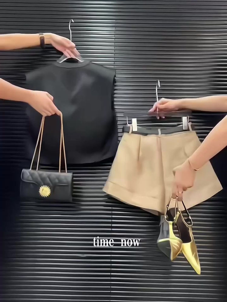 Bộ ba mảnh nữ áo ghi lê kèm áo hai dây và quần short thời trang mùa hè — Màu cà phê đen chi tiết 7