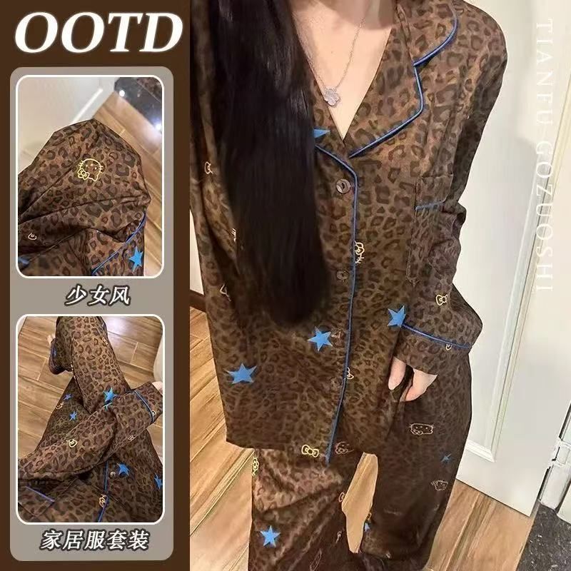 Exclusive to DeKu, leopard print pajamas, new spring and autumn long-sleeved cardigan, can be worn as outerwear, loungewear set Exclusive to DeKu, leopard print pajamas, new spring and autumn long-sleeved cardigan, can be worn as outerwear, loungewear set