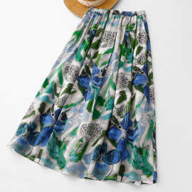 日韩现货2025春夏新款飘逸感印花半身裙夏季松紧腰大花中长a字裙