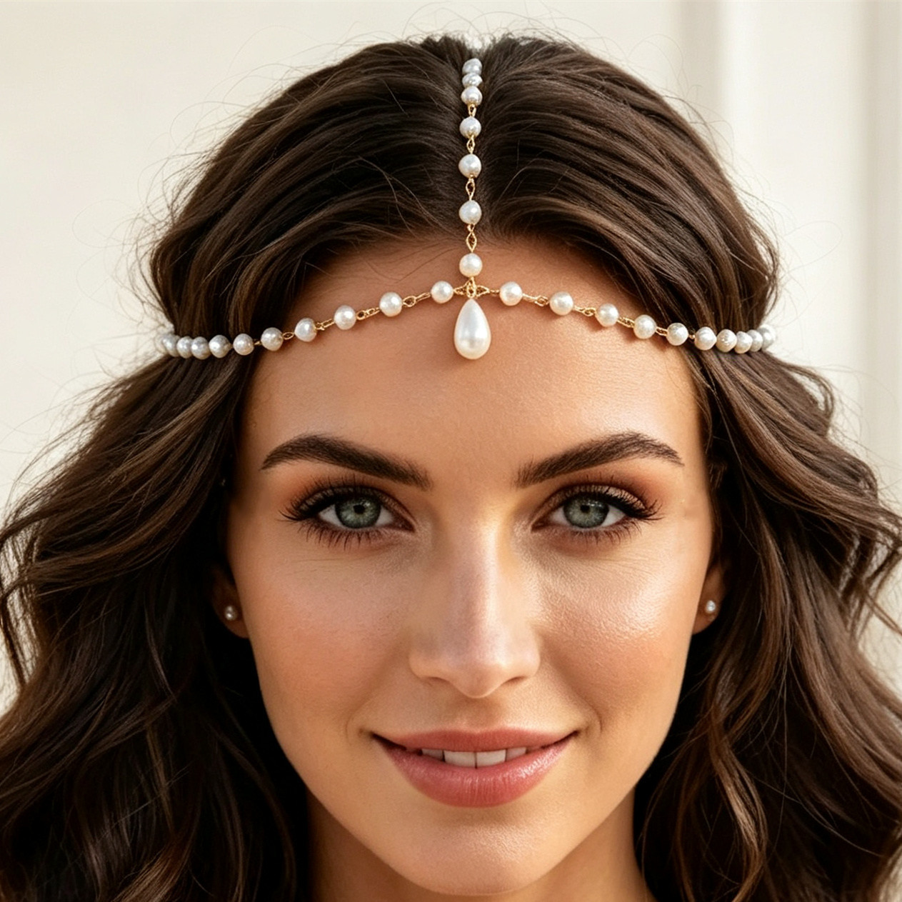 European and American cross-border pearl drop-shaped forehead ornament for women, fashionable retro exotic style pearl chain forehead pendant hair chain