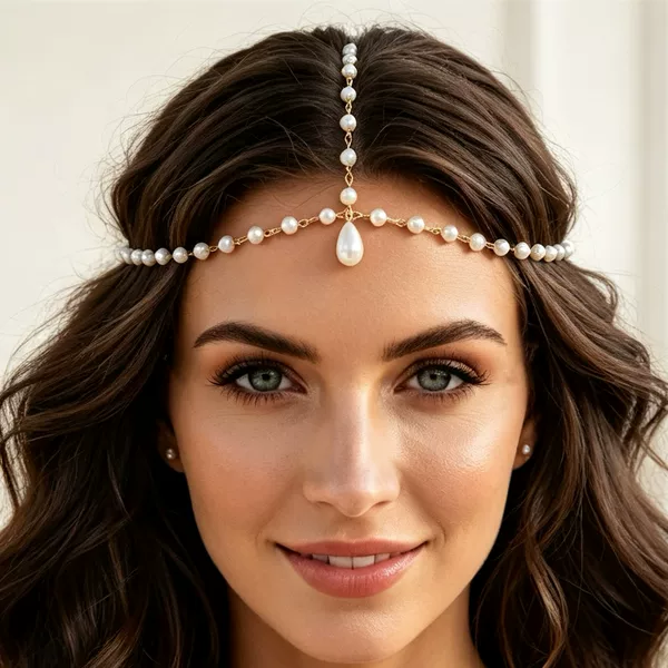 European and American cross-border pearl drop-shaped forehead ornament for women, fashionable retro exotic style pearl chain forehead pendant hair chain