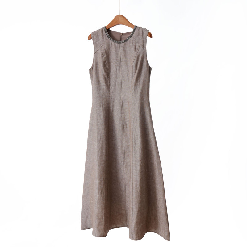 Shining Galaxy/B*C Old Money New Wealth Style Silver Thread Linen Fine Glitter Diamond Embellished Summer Sleeveless Waist-Cinching Vest Dress for Women