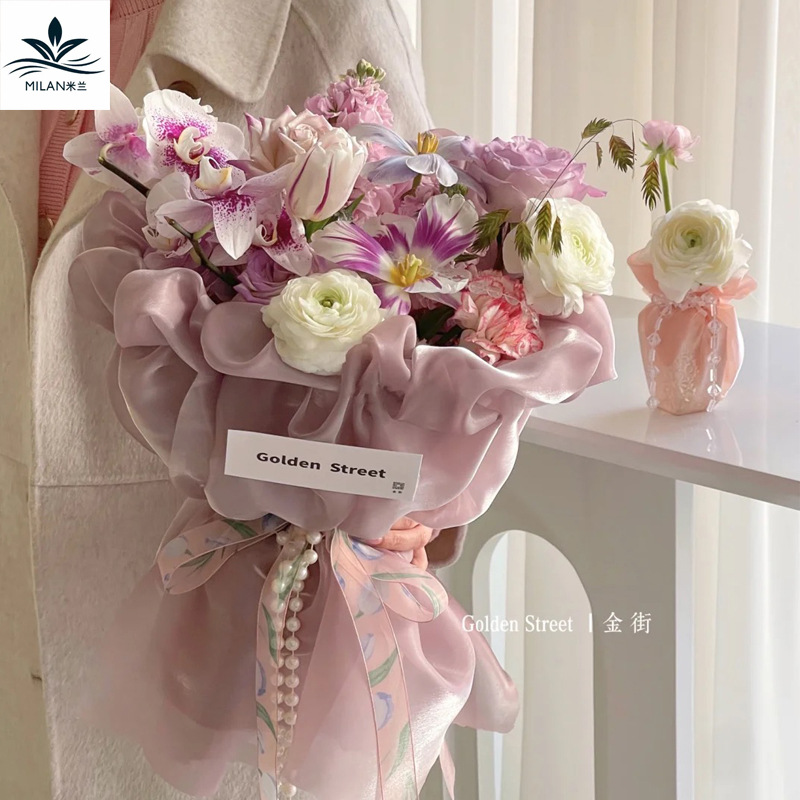 网红韩国冰丝包花纱网圆形花束真丝包花布鲜花花艺包装纸DIY材料