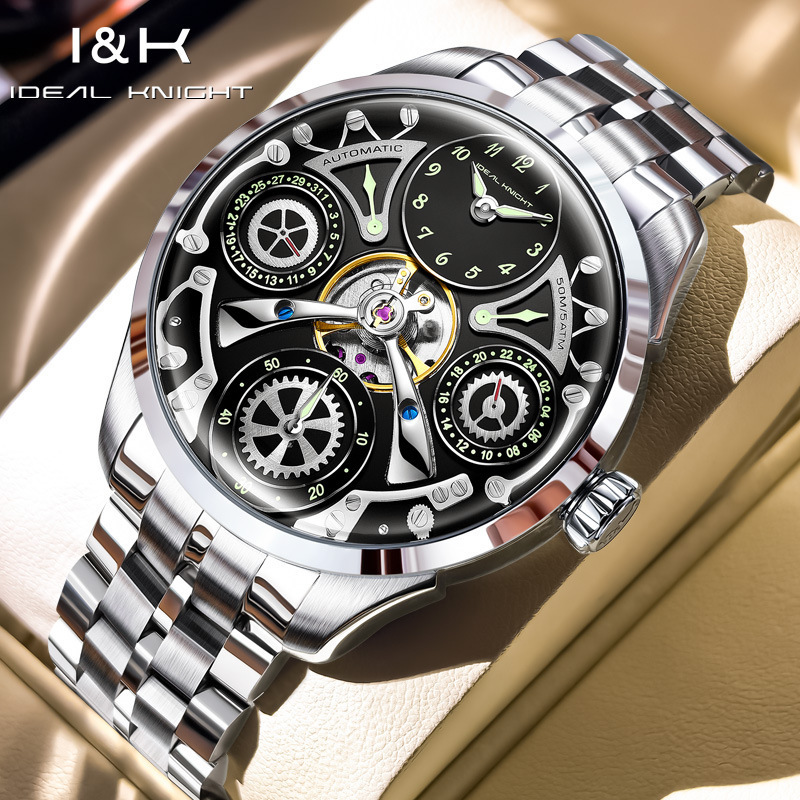 Ideal Knight Men's Multifunctional Calendar Fully Automatic Mechanical Hollow Steel Band Versatile Watch with Luminous Features