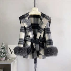 拆卸狐狸毛双面呢格子大衣羊驼毛连帽羊绒外套腰带中长款格纹女装