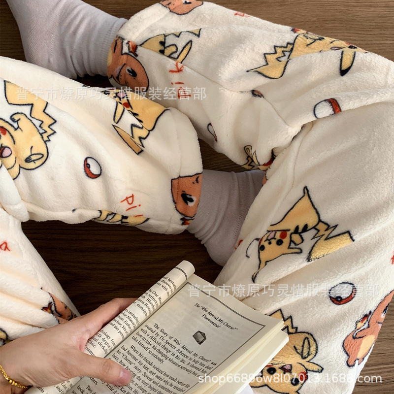 Pantalones de pijama de franela de coral de dibujos animados, pantalones de pijama de hombre, pantalones de invierno de otoño de mujer, pantalones caseros