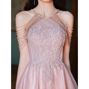 Pink evening dress for court banquet Super fairy host high-end light luxury niche toast dress bride high-grade engagement dress for women