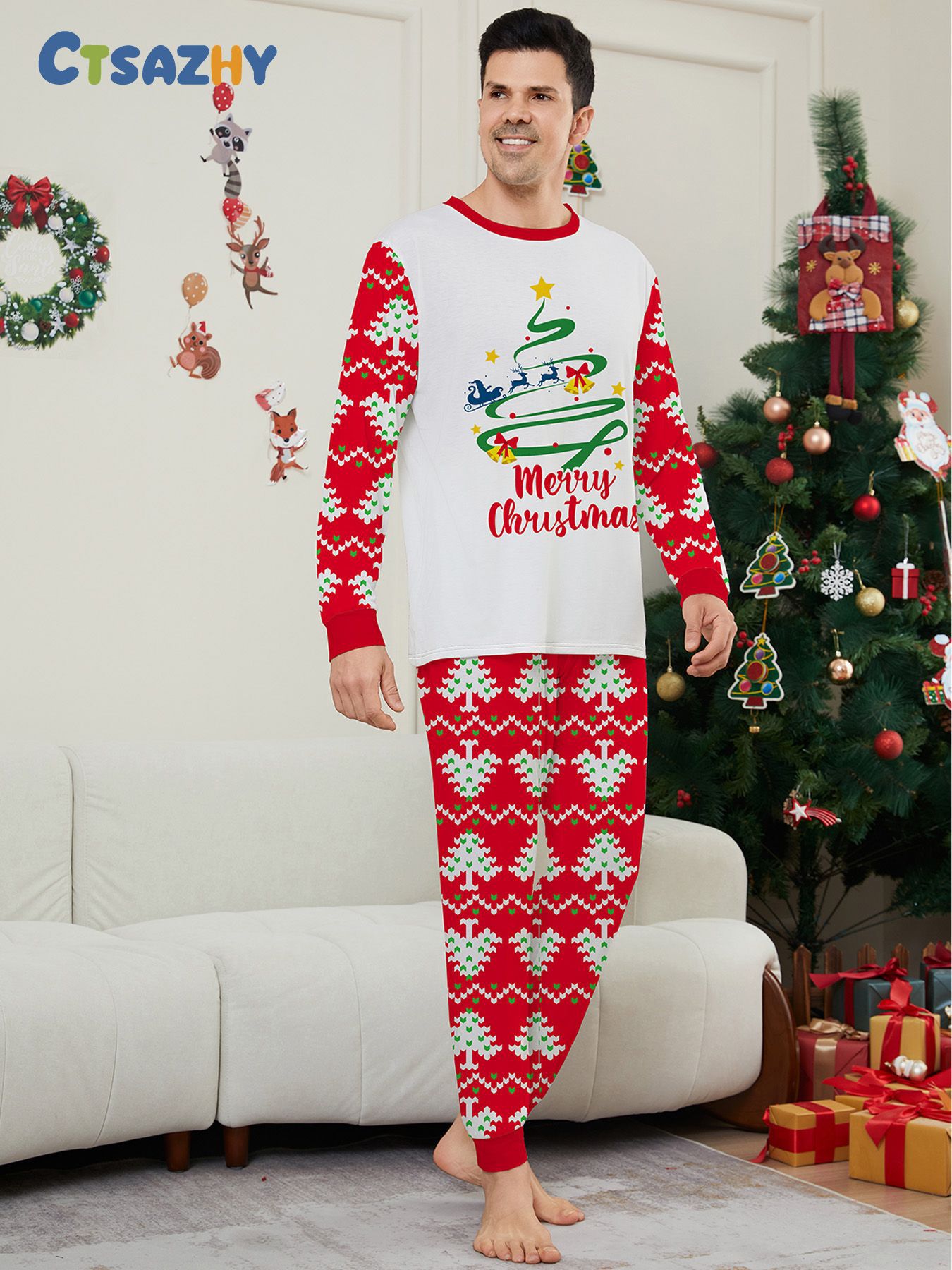 Christmas Fawn letter Christmas tree Family family dress printed homestays pajamas_voghion.com