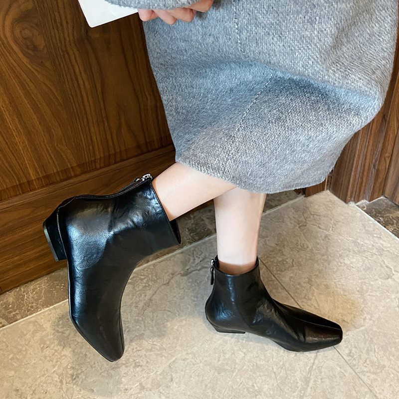 888-8法式2025新款秋冬季复古风时装靴后拉链加绒显瘦粗跟短靴女|undefined