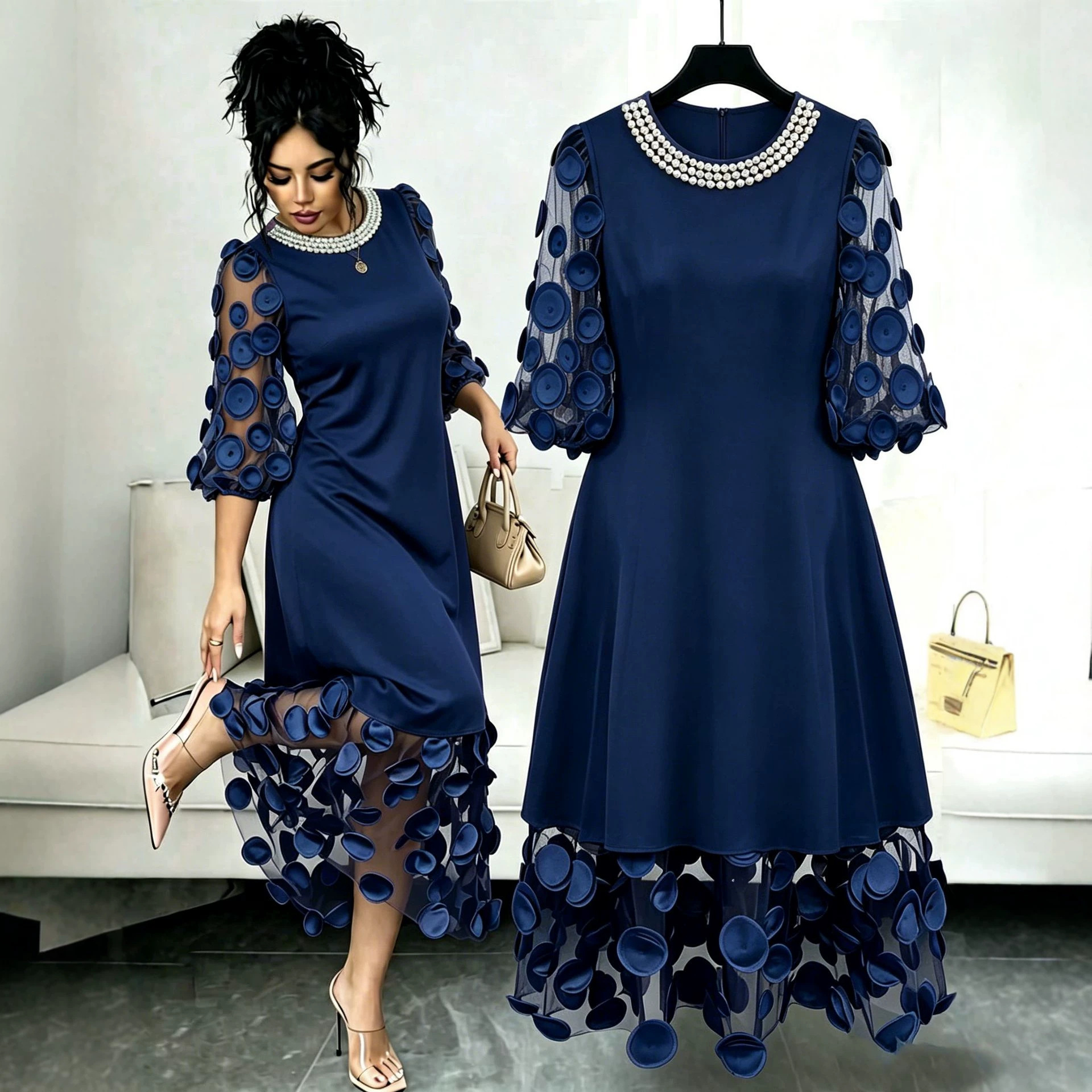 European and American style, cross-border, round-neck, pearl-embellished, puff-sleeve, long dress with a sheer mesh overlay, featuring three-dimensional round appliqués and a flared hem