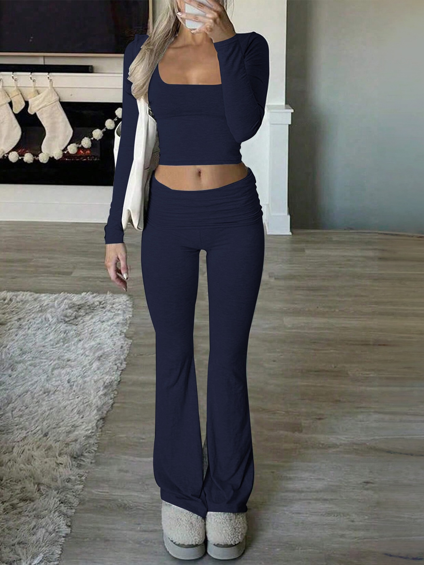 Damen Rippstrick Trainingsanzug Langarm Loungewear Set Casual_voghion.com