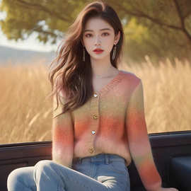 实拍渐变粉色V领开衫短款毛衣秋冬女新款高级感爱心扣针织衫外套