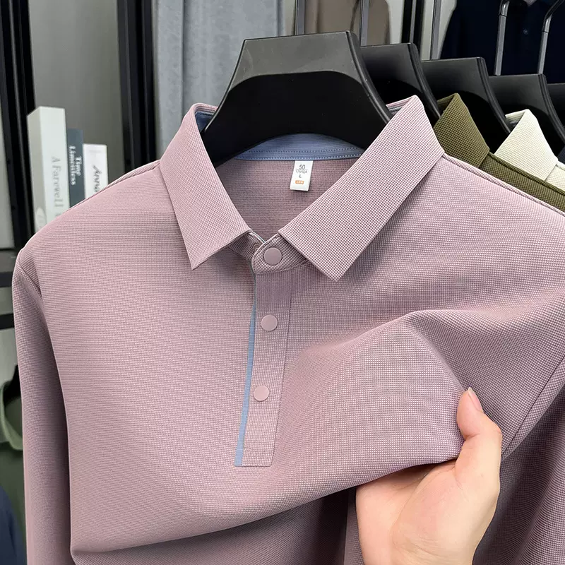 锦氨无痕纯色长袖T恤男2025秋季新款宽松商务日常高弹男士polo衫