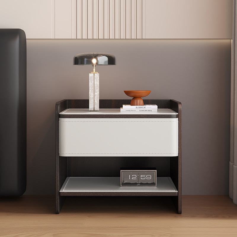 Mesita de noche de hotel de madera maciza simple B&B sillín de cuero gabinete de almacenamiento para dormitorio mesita de noche de hotel de lujo ligero de madera maciza sin pintura