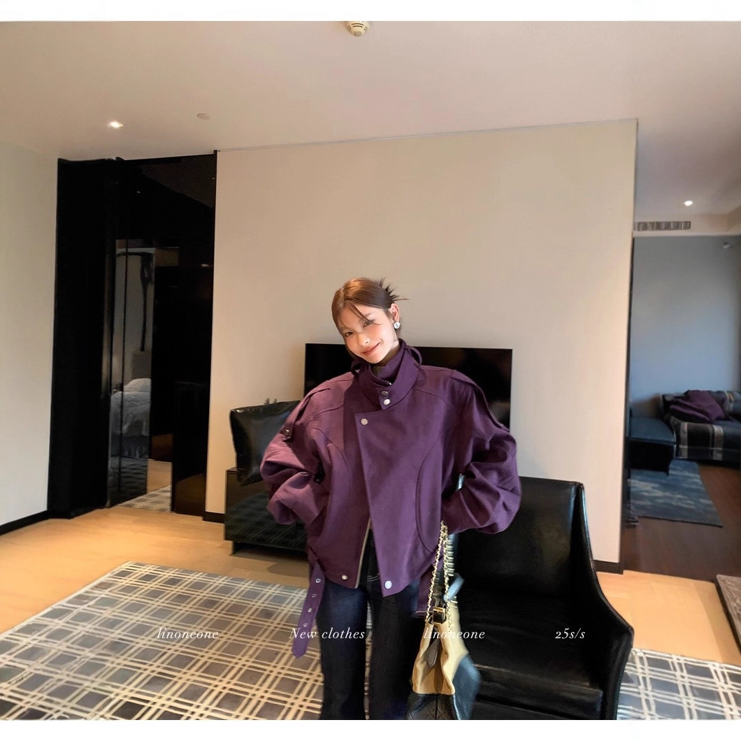 Fashionable Retro Purple Suede Loose Jacket for Women Autumn and Winter New High-End Motorcycle Jacket Casual Jacket Top