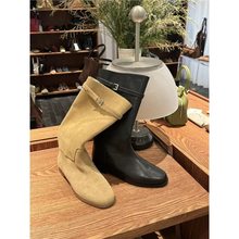 牛皮版~25年新款韩版圆头磨砂皮软面长筒靴女百搭粗跟气质骑士靴