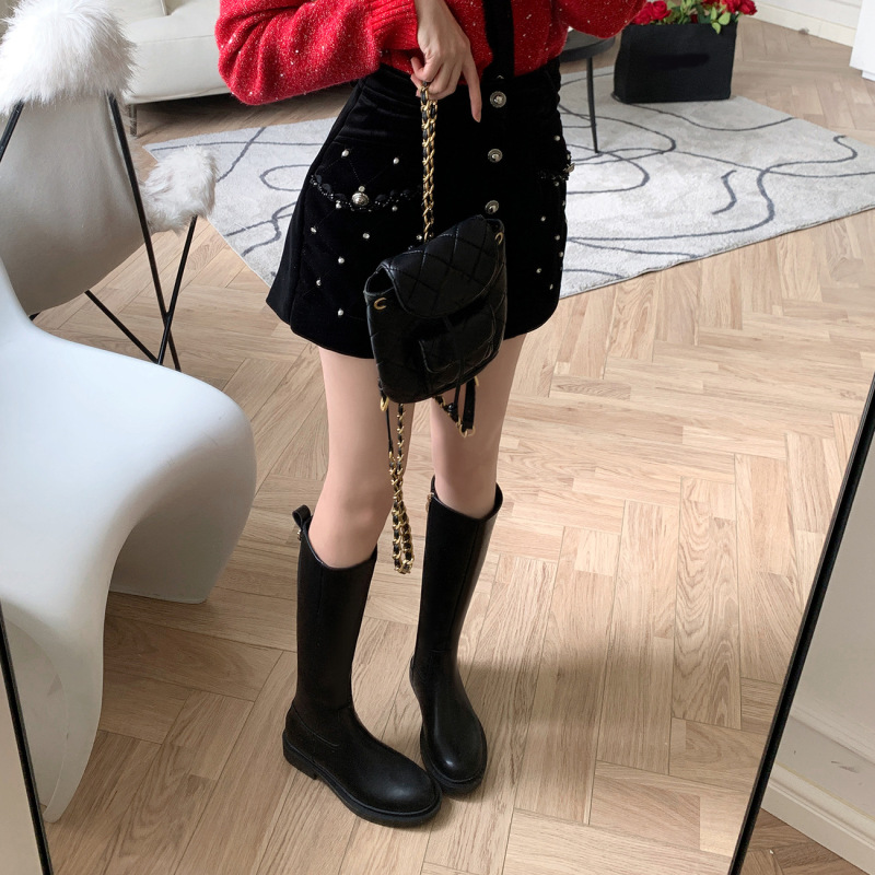 牛皮版显瘦靴子长靴女秋冬低跟侧拉链骑士靴长筒靴真皮高筒机车靴|undefined