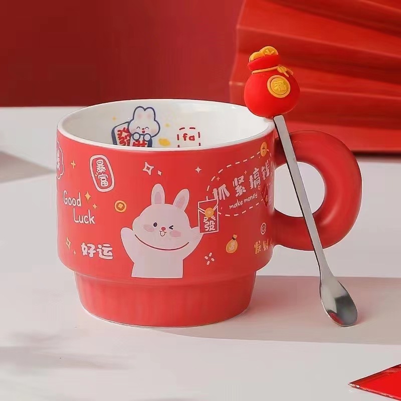 Creativo lindo conejo de dibujos animados año Taza de agua de cerámica suerte bolsa de café taza con mano taza de regalo de Año Nuevo taza de la Oficina
