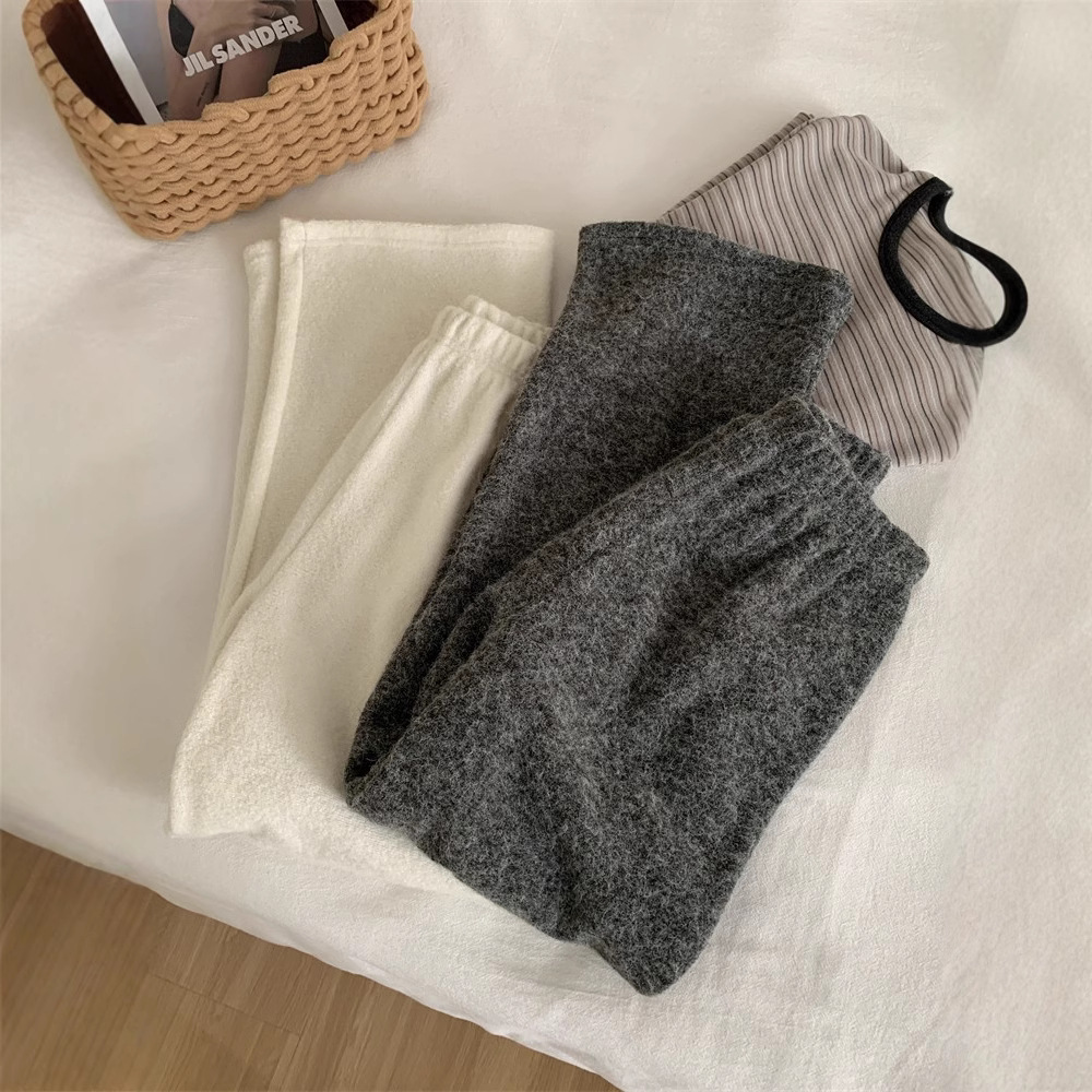 Thick circle woolen wide-leg pants women's autumn and winter lazy temperament creamy-white loose straight long pants with wool