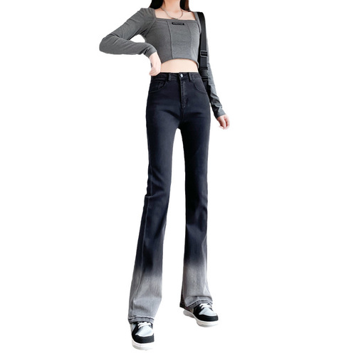 Gradient micro-waist women's color-blocked niche high-waisted Ankle Boot Pants, versatile slim fit floor-length elastic bell-bottom pants