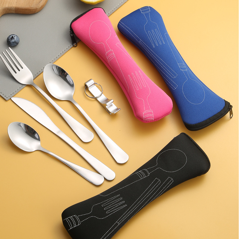 Cross-border stainless steel tableware suit steak knife, fork and spoon beer open suit outdoor camping portable tableware suit