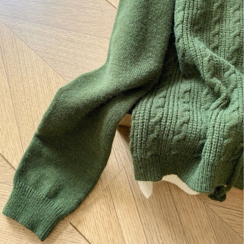 绿色假两件针织毛衣女秋新款素色左岸绿色短款开衫女秋季麻花毛衣|undefined