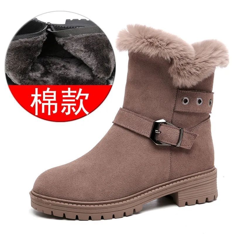 真兔毛短靴女冬季2025新款加绒棉鞋粗跟厚绒雪地靴中跟毛毛靴