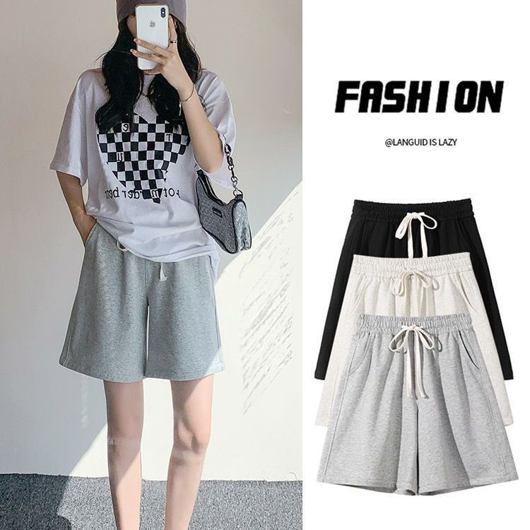 Black casual sports shorts women's Korean-style loose popular high waist slimming fat-covering cropped wide-leg pants for Students Summer