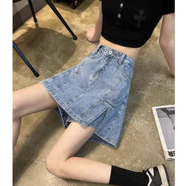 美式复古牛仔短裤女夏季薄款高腰显瘦紧身弹力a字超短辣妹热裤子