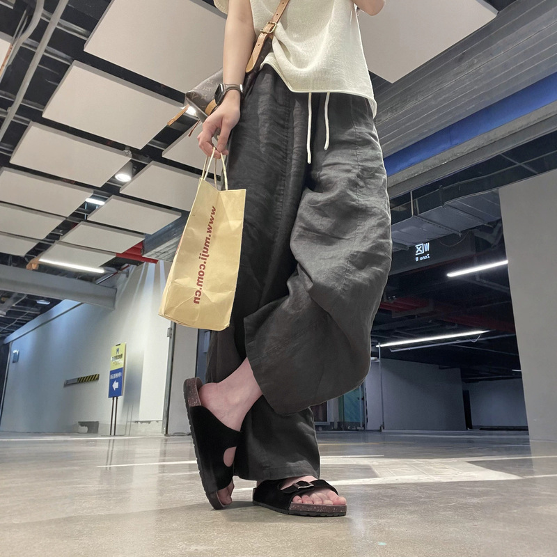 Ebony-colored Tencel linen wide-leg curved pants for women, summer thin style, Korean style, relaxed drape, high-waisted, slimming, casual pants Ebony-colored Tencel linen wide-leg curved pants for women, summer thin style, Korean style, relaxed drape, high-waisted, slimming, casual pants