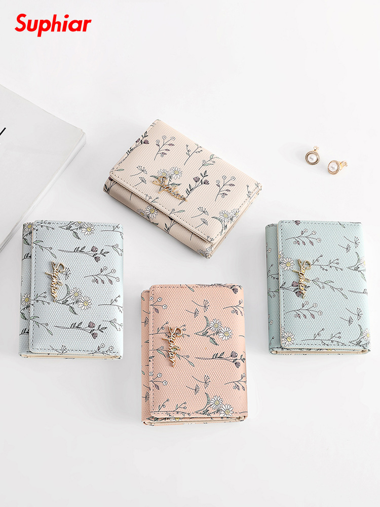 Cartera pequeña, pins japoneses, tres pliegues, flores y plantas, billetera corta, monedero fresco pequeño, bolso de tarjeta lindo coreano para estudiantes