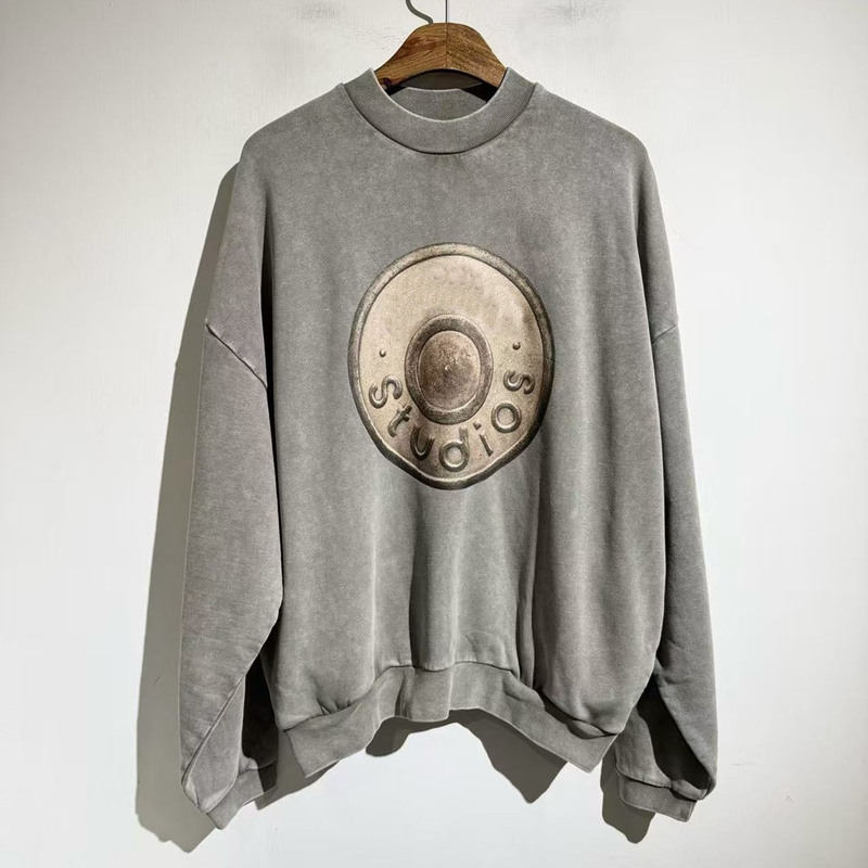 Aw Smiley Face Washed Vintage Sweatshirt New Printed Crew Neck Sweatshirt Long Sleeve Trendy Brand Unisex Retro Loose Pullover