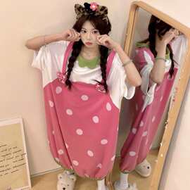 草莓睡裙女夏季短袖纯棉甜美可爱少女睡衣宽松大码胖MM家居服夏天