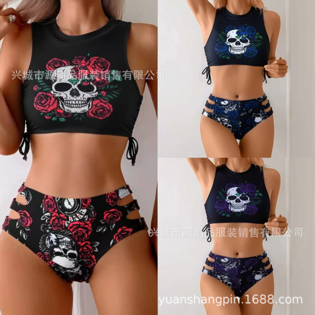 European and American Sexy Bikini 2026 Floral Skull Tight-Fitting Two-Piece Swimsuit Cross-Border Women's Beachwear Russia